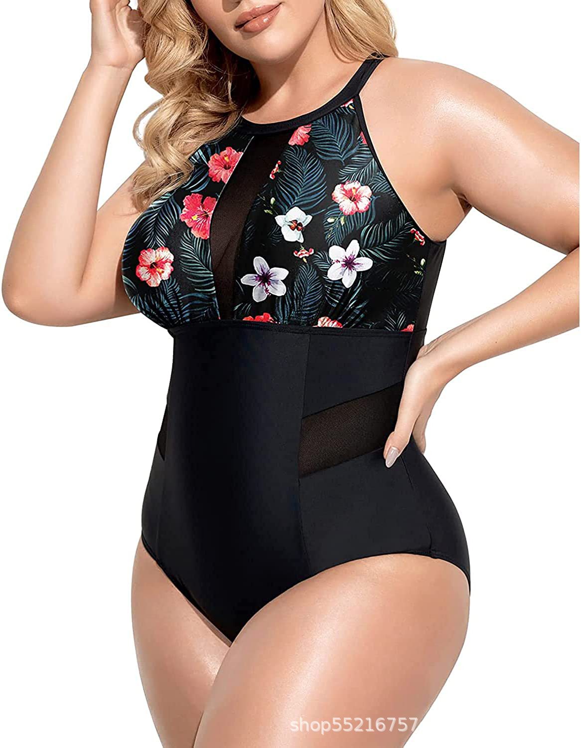 Women Plus Size One Piece Swimsuit High Neck Plunge Mesh Cut Out Bathing Suits